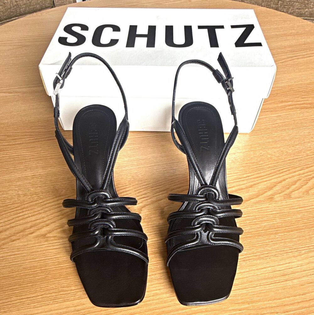 Schutz Black Leather Strappy Ankle Strap Buckle Square Toe Stiletto 7.5B